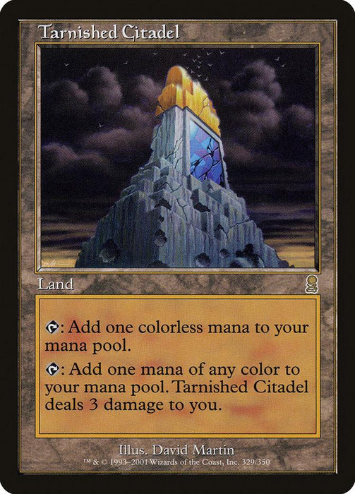 A "Magic: The Gathering" card titled "Tarnished Citadel [Odyssey]," from the Magic: The Gathering set, depicts a towering citadel on a rocky outcrop under a stormy sky. The card's text provides mana abilities to add one mana and includes damage effects. Illustrated by David Martin, the card is labeled "Land" and numbered 329/350.