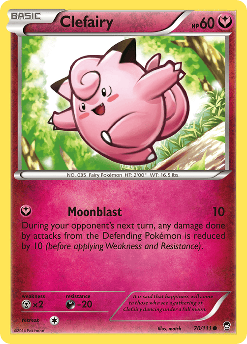 A Pokémon trading card featuring Clefairy, a pink, round-bodied Fairy creature with pointy ears and a curly tail. Clefairy has a joyful expression and is set against a starry sky background. The card's key features include 60 HP, the move "Moonblast," and its number 70/111 from the Furious Fists series is called Clefairy (70/111) [XY: Furious Fists] by Pokémon.