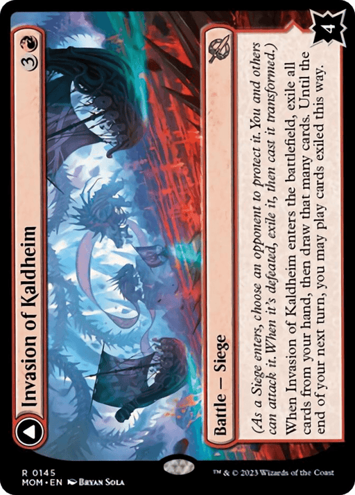 A collectible Magic: The Gathering card titled "Invasion of Kaldheim // Pyre of the World Tree [March of the Machine]." The card displays intricate fantasy art of a battle scene with warrior figures and a dragon, set against a backdrop of fiery and icy elements emblematic of the Pyre of the World Tree. Details include its type (Battle—Siege), casting cost (3R), and artist credit (Bryan Sola).