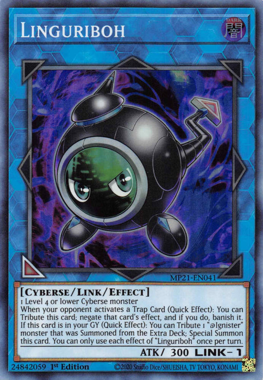 Yu-Gi-Oh! trading card titled "Linguriboh [MP21-EN041] Super Rare." This Link/Effect Monster features a small, black, spherical robot with large green eyes and propeller-like limbs floating against a blue circuitry-themed background. Originally released in the 2021 Tin of Ancient Battles, it boasts "CYBERSE / LINK / EFFECT" and various game stats and effects.