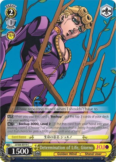 A card from the "JoJo's Bizarre Adventure" trading card game features Giorno, a character with blonde hair and purple clothing. Titled "Determination of Life, Giorno (JJ/S66-E019 C) [JoJo's Bizarre Adventure: Golden Wind]," the Bushiroad character card boasts a yellow and black color scheme with 1500 power and several game instructions.