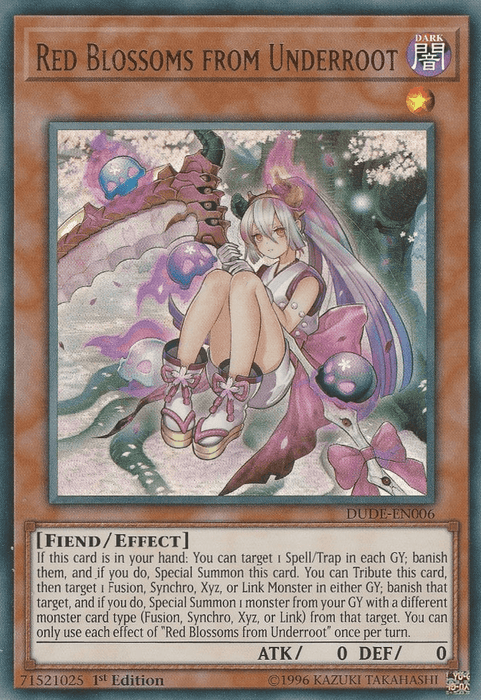 A Yu-Gi-Oh! card titled "Red Blossoms from Underroot [DUDE-EN006] Ultra Rare," featured in the Duel Devastator set, with the attribute Dark. The Ultra Rare card showcases an anime-style girl with long white hair and a white dress, seated in a mystical forest with a purple glow. It is a Fiend/Effect type with ATK 0 and DEF 0, detailed effects included.