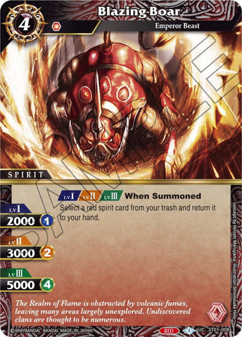 The Bandai trading card "Blazing Boar" (ST01-008) from Starter Deck 01: Dragon Onslaught features an armored, fiery Emperor Beast originating from the Realm of Flame. It displays stats within a blue circle: 2000/3000/5000 and requires an orange cost of 2 and a red cost of 4. When summoned, you can retrieve a red spirit card from your trash and add it to your hand—an excellent addition to any Starter Deck.