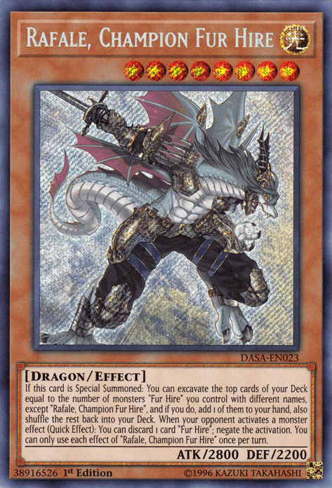 A Yu-Gi-Oh! trading card depicting 'Rafale, Champion Fur Hire [DASA-EN023] Secret Rare'. This Secret Rare Dragon/Effect Monster boasts 2800 ATK and 2200 DEF. It features a description of its special summoning effect and an image of a dragon warrior holding two swords. The card's code is DASA-EN023, 1st Edition.