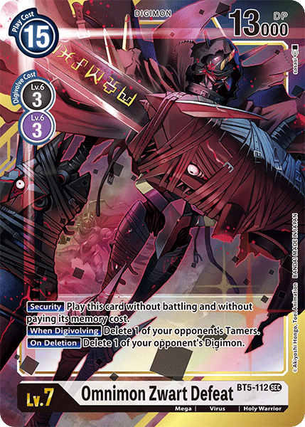 A Secret Rare Digimon card featuring Omnimon Zwart Defeat [BT5-112] (Alternate Art) [Battle of Omni]. The card has a red border with various game-related icons. Omnimon Zwart is depicted as a powerful Holy Warrior with dark armor and glowing red eyes. The card details include play cost, DP, level, and special abilities written in text boxes.