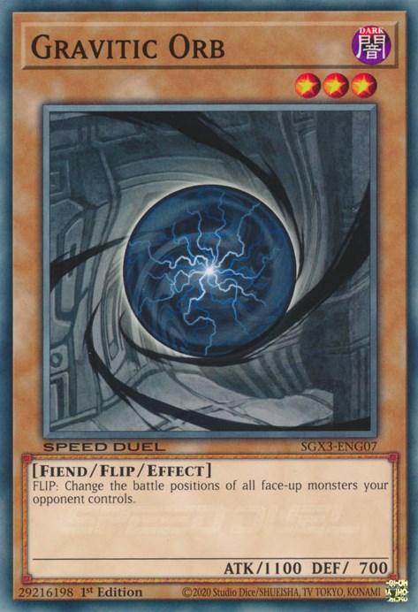 A Yu-Gi-Oh! card titled "Gravitic Orb [SGX3-ENG07] Common," a Common DARK Effect Monster with three stars, features a dark-blue swirling orb set against a sci-fi background. This Fiend/Flip monster, with 1100 ATK and 700 DEF, changes the battle positions of all face-up opponent monsters in Speed Duel GX format.