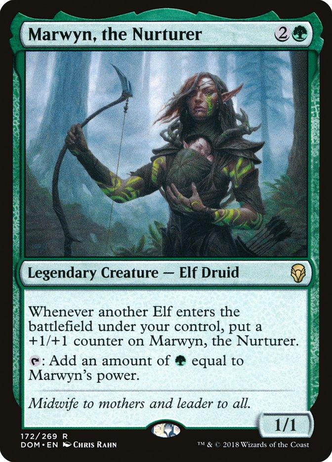 A Magic: The Gathering card titled "Marwyn, the Nurturer [Dominaria]" features an Elf Druid holding a glowing sapling, surrounded by a mystical forest in Dominaria. This Legendary Creature costs 2 colorless and 1 green mana, with abilities related to Elves, +1/+1 counters, and green mana generation. It has a power/toughness of 1/1