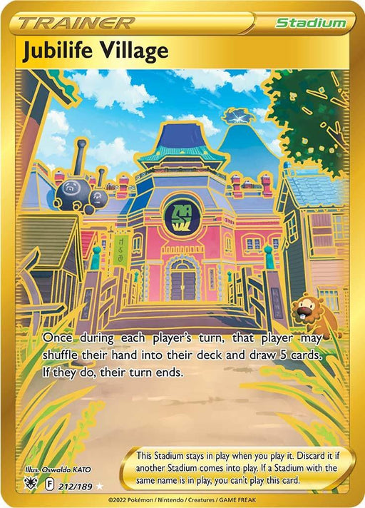 The image shows a Secret Rare Pokémon card titled **"Jubilife Village (212/189) [Sword & Shield: Astral Radiance]"** from the **Pokémon** set. This Stadium Trainer type card with a golden border features an illustration of a vibrant, colorful village with traditional-style buildings and a Pokémon standing in front. Instructions on card use are written at the bottom.