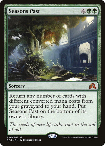 The Magic: The Gathering card named "Seasons Past [Shadows over Innistrad]" showcases an illustration of a lush tree flourishing within a ruined stone building with arched windows. This mythic green sorcery enables the player to return any number of cards with different mana costs from the graveyard to their hand.