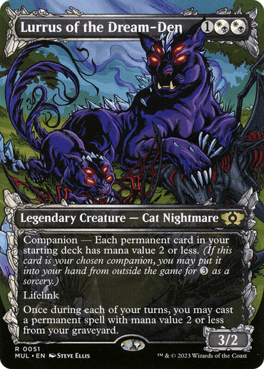 Lurrus of the Dream-Den [Multiverse Legends]" is a Magic: The Gathering card depicting a dark, spectral Cat Nightmare with red and purple accents in a mystical forest. This legendary creature has a mana cost of one white and two black, includes lifelink, and follows companion rules. It boasts 3/2 power and toughness.