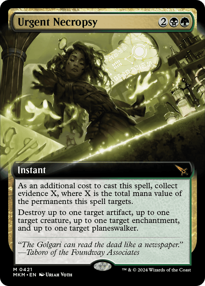 A Magic: The Gathering card titled "Urgent Necropsy (Extended Art) [Murders at Karlov Manor]." This Mythic Instant costs 2 black, 1 green, and 1 colorless mana. The illustration features a necromancer from the Golgari summoning spirits against a dark green background. The text explains the spell's additional cost and effects linked to the Murders at Karlov Manor.