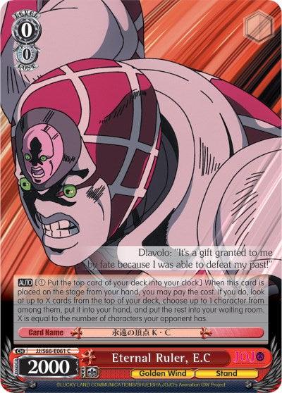 A character card features "Eternal Ruler, E.C (JJ/S66-E061 C) [JoJo's Bizarre Adventure: Golden Wind]" from JoJo's Bizarre Adventure's Golden Wind arc. The card boasts colorful artwork with a character in the foreground wearing a pink and white bodysuit and helmet. Stats, costs, and abilities are detailed alongside the text: "It's a gift granted to me by fate because I was able to defeat my past!" The card is produced by Bushiroad.
