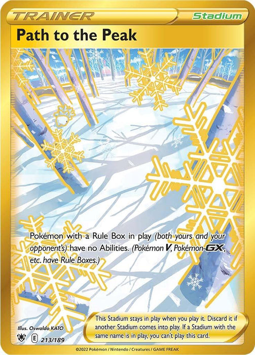 A Pokémon card from the *Sword & Shield: Astral Radiance* set titled "Path to the Peak (213/189) [Sword & Shield: Astral Radiance]" with a Stadium identifier. The card features a snowy mountain landscape with large, intricate yellow snowflakes overlaying the scene. It states that Pokémon with a Rule Box lose their abilities. Illustrated by Oswaldo KATO, it's numbered 213/189 and classified as a *Secret Rare* in the *Pokémon* collection.