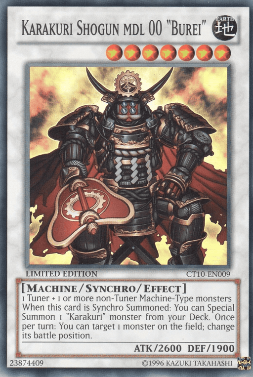 The image shows a Yu-Gi-Oh! trading card named "Karakuri Shogun mdl 00 'Burei' [CT10-EN009] Super Rare". The card features a heavily armored mechanical samurai wielding a large weapon. Details include stars, stats (ATK 2600/DEF 1900), and text describing its abilities and summoning conditions as a Synchro.