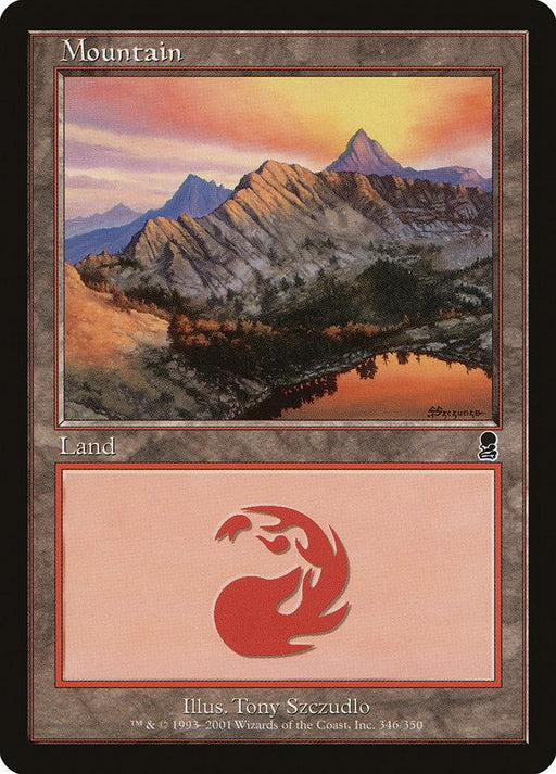 A Magic: The Gathering card titled "Mountain (346) [Odyssey]," featuring a landscape illustration of jagged rocky peaks at sunset. The sky is a gradient of warm colors, reflecting in a calm lake below. This Basic Land card's lower half has a red flame symbol representing the Mountain type. Illustration by Tony Szczudlo, from the Odyssey set.