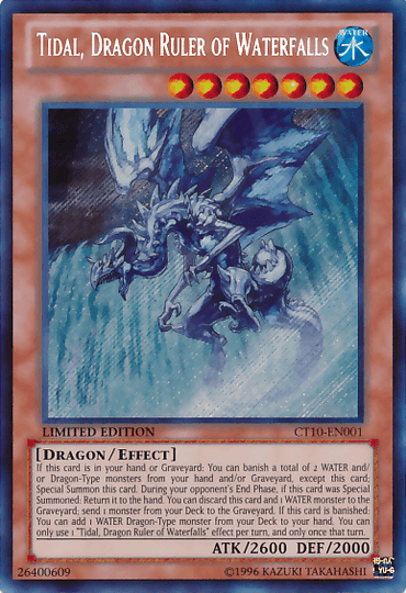 A Yu-Gi-Oh! trading card titled "Tidal, Dragon Ruler of Waterfalls [CT10-EN001] Secret Rare," a Secret Rare Effect Monster. The card shows a blue dragon made of water, with white light rays emerging from the creature. It's a Water attribute card with ATK 2600 and DEF 2000, featuring specific effects regarding banishing and summoning.