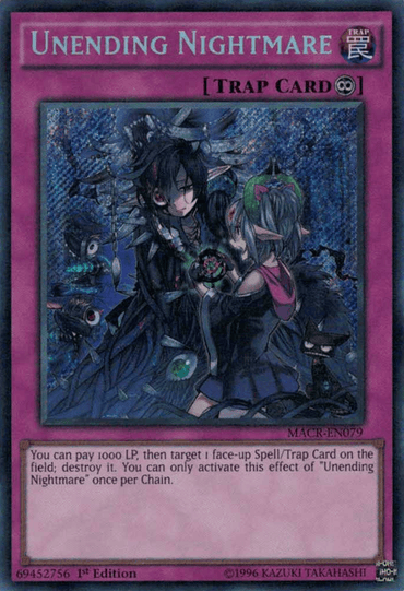 The "Unending Nightmare [MACR-EN079] Secret Rare" Yu-Gi-Oh! Continuous Trap Card showcases dark, eerie artwork of a shadowy figure in black, standing next to a girl with green hair holding a doll. Against an ominous swirl of blue and purple hues, this Secret Rare card's text delineates its in-game effect.