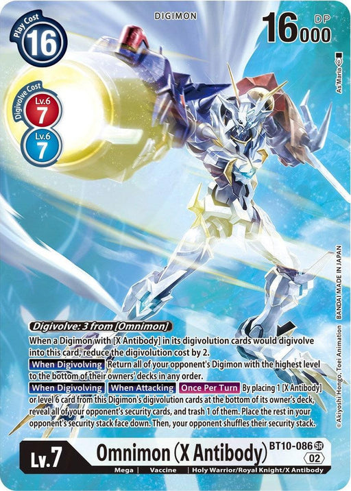 A Super Rare Digimon trading card, Omnimon (X Antibody) [BT10-086] (Alternate Art) from the Xros Encounter series, showcases a formidable white-armored dragon-warrior armed with a sword and shield. The card is labeled "Lv.7," has a cost of 16, and boasts 15,000 DP, with details of its abilities and effects provided at the bottom.