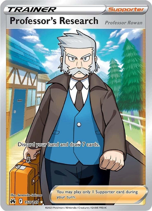 A playing card titled "Professor's Research (150/159) (Full Art) [Sword & Shield: Crown Zenith]" from the Pokémon series features an elderly, stern-looking man with white hair, bushy eyebrows, and a mustache. He's wearing a brown coat over a blue vest and tie, holding an orange briefcase. The card text reads, "Discard your hand and draw 7 cards." In the background, there is a house with trees and a
