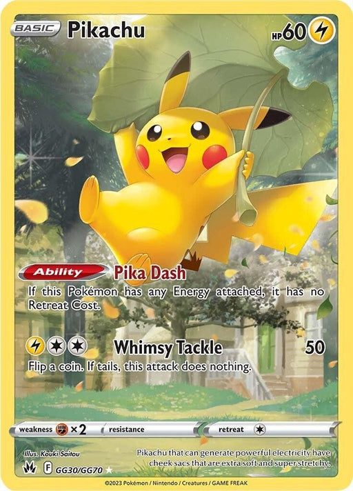 A Pokémon card from the Sword & Shield series featuring Pikachu, a yellow mouse-like creature with red cheeks. This Lightning type Pikachu is holding an umbrella and leaping joyfully through a bright green forest. The card shows its HP (60), abilities Pika Dash and Whimsy Tackle, and other game-related information. 

Product Name: Pikachu (GG30/GG70) [Sword & Shield: Crown Zenith]  
Brand Name: Pokémon