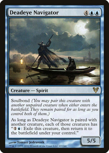 A "Magic: The Gathering" card from the Avacyn Restored set, titled "Deadeye Navigator [Avacyn Restored]." It features a spectral boatman paddling a canoe with a ghostly passenger through misty waters at night. Soulbond: As long as Deadeye Navigator is paired with another creature, both have '1U: Exile this creature, then return it to the battlefield under your control