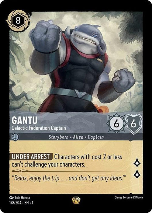 A Disney Lorcana trading card featuring Gantu, a muscular blue alien with a shark-like head wearing a black suit with red and gold accents. The card states “Gantu, Galactic Federation Captain” and is tagged Legendary in The First Chapter series. Its text restricts characters with cost 2 or less from challenging.