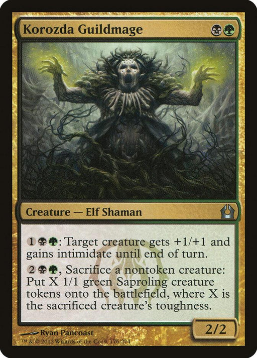 A Magic: The Gathering card named Korozda Guildmage [Return to Ravnica] from the Magic: The Gathering set. It depicts an Elf Shaman with outstretched arms amid vegetation. This 2/2 creature can add +1/+1 and create 1/1 green Saproling creature tokens by sacrificing creatures. The card's frame is green and black.