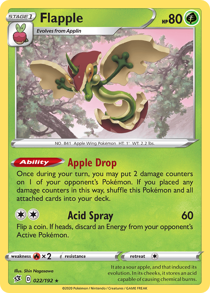 The image shows a Holo Rare Pokémon trading card for Flapple (022/192) [Sword & Shield: Rebel Clash] from the Pokémon series. Flapple, a Grass type, is depicted as a green, dragon-like creature with wings resembling apple slices. The card has 80 HP, a red ability called 