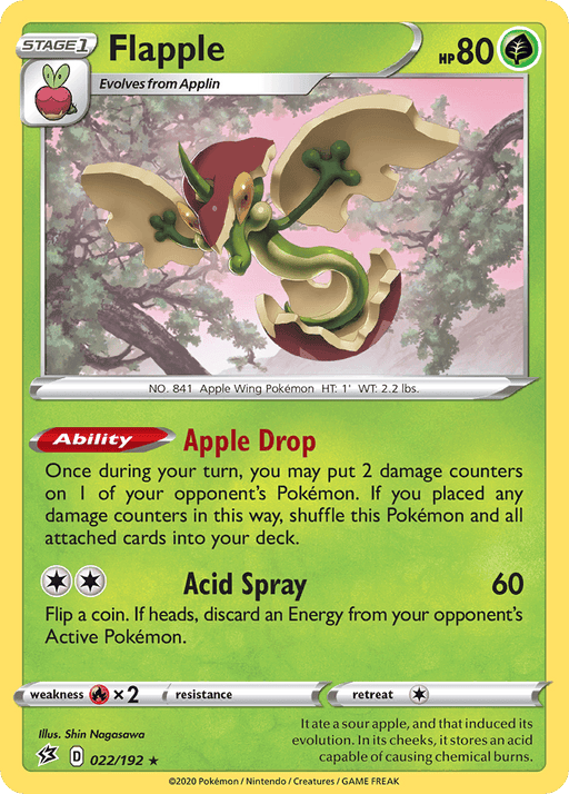 The image shows a Holo Rare Pokémon trading card for Flapple (022/192) [Sword & Shield: Rebel Clash] from the Pokémon series. Flapple, a Grass type, is depicted as a green, dragon-like creature with wings resembling apple slices. The card has 80 HP, a red ability called "Apple Drop," and an attack called "Acid Spray" that costs one Grass and one Colorless energy, dealing