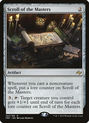 Image of a Magic: The Gathering card titled "Scroll of the Masters [Fate Reforged]." This artifact costs 2 colorless mana to cast. The art depicts a scroll on a desk surrounded by candles, books, and ink. It has two abilities involving lore counters and casting noncreature spells to give creatures bonuses.