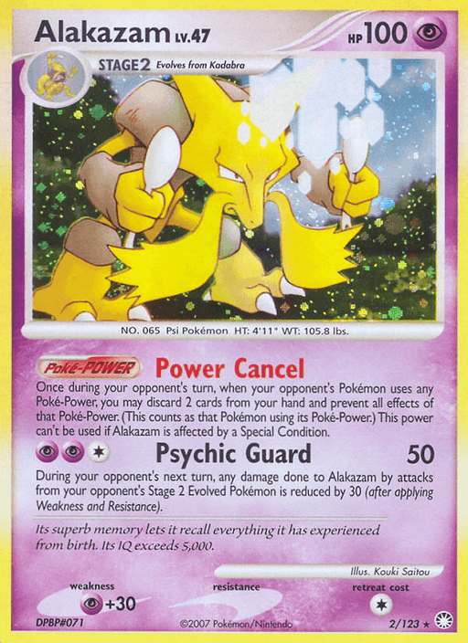 A Pokémon Alakazam (2/123) [Diamond & Pearl: Mysterious Treasures] from the Diamond & Pearl: Mysterious Treasures series featuring Alakazam, a Psychic-type Pokémon. The card showcases Alakazam's image, its stats (Stage 2, HP 100), and abilities: Power Cancel and Psychic Guard. Weakness is +30 to Psychic, retreat cost of 2. Illustrated by Kouki Saitou, card number 
Product Name: Alakazam (2/123) [Diamond & Pearl: Mysterious Treasures]
Brand Name: Pokémon