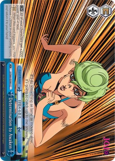 A character with green hair in an updo leans forward with an intense expression. They wear a blue dress with yellow details. Four overlapping cards are on the left, and text on the right reads, "If I do something as lame as moving slow, it's going to catch up to me anyway." The background features dynamic, Golden Wind-inspired speed lines. The product is **Determination to Awaken (JJ/S66-E098 CC) [JoJo's Bizarre Adventure: Golden Wind]** by **Bushiroad**.