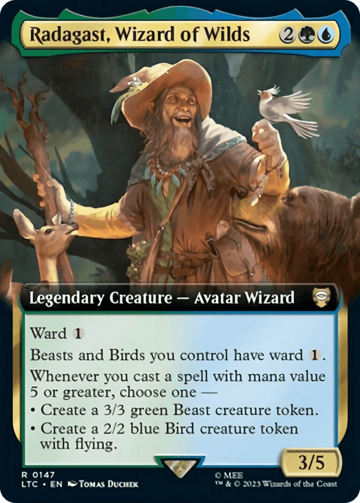 Image of the trading card Radagast, Wizard of Wilds (Extended Art) [The Lord of the Rings: Tales of Middle-Earth Commander] from Magic: The Gathering. It features an elderly, bearded wizard wearing a hat with a small bird on his hand. As a Legendary Creature, its text details abilities and stats: mana cost of 2, green, blue; ward 1; 3/5 power/toughness; and special creature interaction rules.