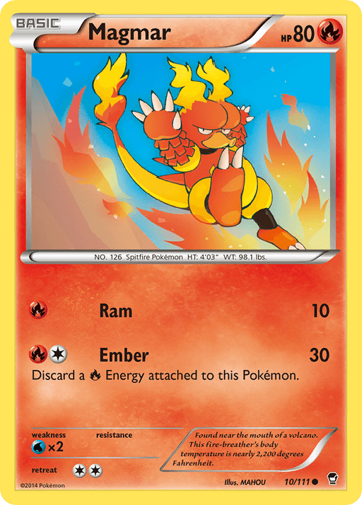 A Pokémon card depicts Magmar (10/111) [XY: Furious Fists], a common fire-type Pokémon. Magmar is red and yellow with flames on its body, and its arms are raised. The card features its attacks: Ram (10 damage) and Ember (30 damage, discarding a fire energy). It has 80 HP, weakness to water, and no resistance or retreat cost.