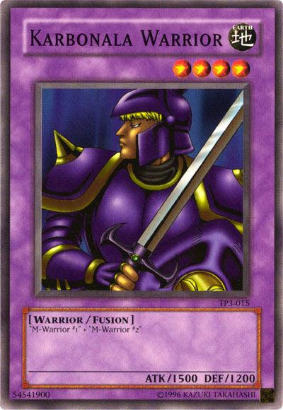 The Yu-Gi-Oh! card "Karbonala Warrior [TP3-015] Common" from Tournament Pack 3 features a 5-star Earth attribute Fusion Monster with purple armor, 1500 ATK, and 1200 DEF. It fuses "M-Warrior #1" and "M-Warrior #2.