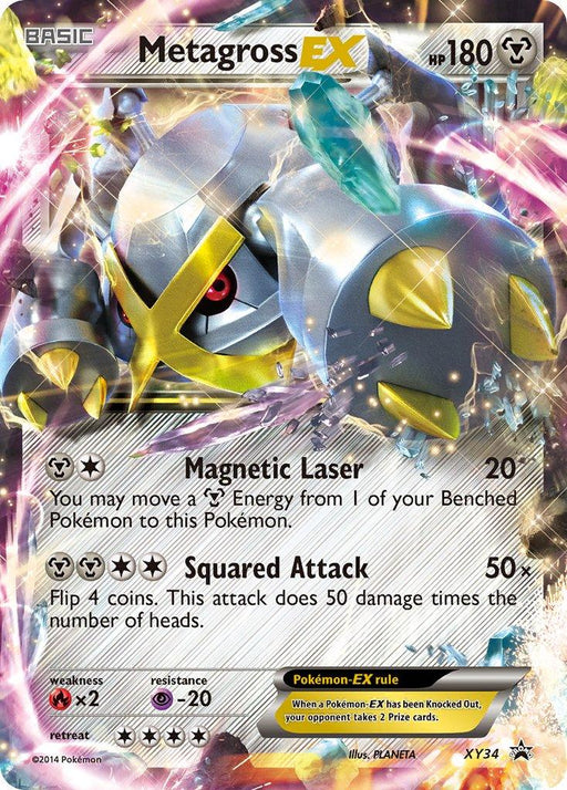 A Pokémon trading card featuring Metagross EX (XY34) [XY: Black Star Promos], a Metal type creature with a yellow 'X' on its face and red eyes. With 180 HP, its attacks include "Magnetic Laser" and "Squared Attack." This Pokémon card is marked as number XY34, indicating its promo rarity.