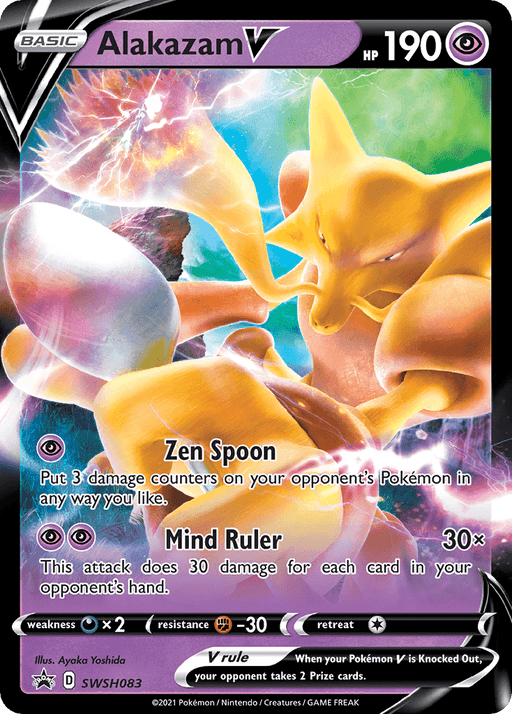 A Pokémon trading card featuring Alakazam V. Alakazam, a yellow humanoid Pokémon with large spoon weapons, stands in an action pose against a cosmic backdrop. This Pokémon Black Star Promo card details 190 HP, moves like Zen Spoon and Mind Ruler, and weaknesses to Darkness type. It's card number Alakazam V (SWSH083) [Sword & Shield: Black Star Promos].