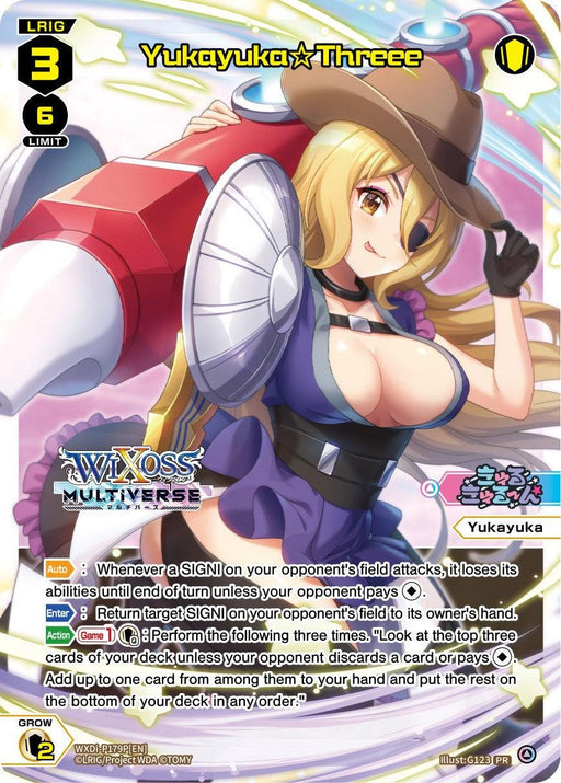 The image is of a trading card from the WIXOSS Multiverse series featuring a character named Yukayuka Threee (Box Purchase) (WXDi-P179P[EN]) [Promo Cards]. This LRIG Card Type shows a blonde female in a brown hat and purple corset with one white sleeve, posing confidently against a robotic backdrop. The text below details the Promo Card's abilities and game rules. The card is produced by TOMY.