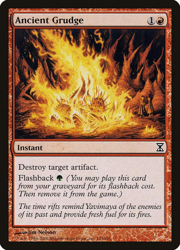 The Magic: The Gathering card "Ancient Grudge [Time Spiral]" depicts a dramatic scene of fiery destruction engulfing gears and artifacts. Framed in red, it requires one generic and one red mana to cast. As an instant, it lets you destroy a target artifact with an additional flashback cost of one green mana.