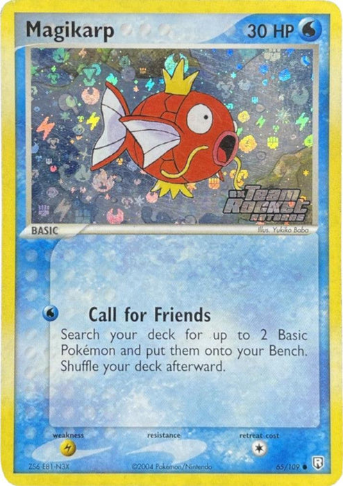 A common Pokémon trading card featuring Magikarp from EX: Team Rocket Returns. The card is primarily blue and showcases Magikarp, a red fish-like creature with yellow fins and a crown-like dorsal fin. It has 30 HP and details its "Call for Friends" ability. The background displays a holographic, starry pattern. This product is known as the Pokémon Magikarp (65/109) (Stamped) [EX: Team Rocket Returns].