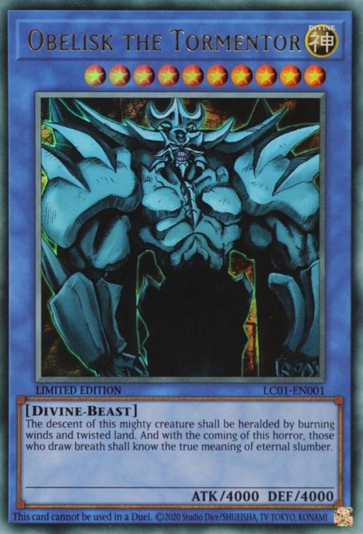 A trading card featuring "Obelisk the Tormentor," a powerful blue, muscular, armor-clad creature with spikes and a menacing expression. This **Obelisk the Tormentor (25th Anniversary) [LC01-EN001] Ultra Rare** card from the **Yu-Gi-Oh!** series has a light blue border and displays the creature's impressive ATK of 4000 and DEF of 4000. It's labeled as a "Divine-Beast" with detailed description and limited edition info.