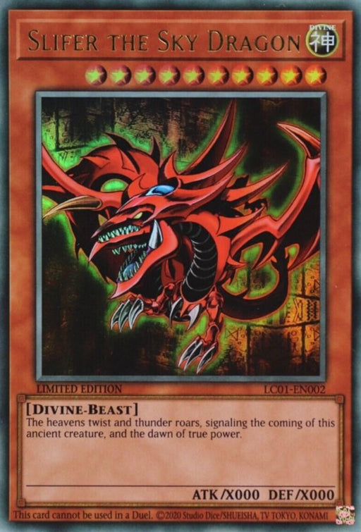 The image shows the Yu-Gi-Oh! trading card "Slifer the Sky Dragon (25th Anniversary) [LC01-EN002] Ultra Rare" from the Legendary Collection. The card features a red dragon with two mouths, sharp teeth, and multiple horns against a cosmic background. Below the image is text describing it as a "DIVINE-BEAST," with attack and defense values of ?/0000.