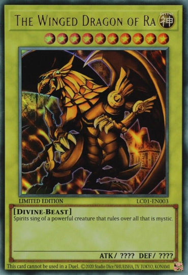 A Yu-Gi-Oh! trading card featuring "The Winged Dragon of Ra (25th Anniversary) [LC01-EN003] Ultra Rare." The 25th Anniversary Edition card displays an intricate artwork of a golden dragon with large wings and glowing eyes. The background is fiery and mystical. Text at the top reads the card's name. Below is a description and stats area.