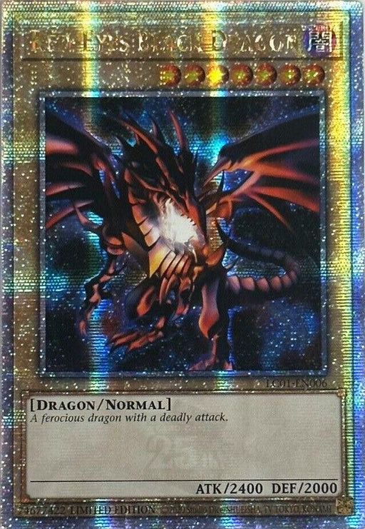 A Red-Eyes Black Dragon (25th Anniversary) [LC01-EN006] Quarter Century Secret Rare Yu-Gi-Oh! card is shown. The card features a fierce dragon with black and red scales and blazing blue eyes. The card's stats are "ATK/2400 DEF/2000." Text at the bottom describes it as "A ferocious dragon with a deadly attack.