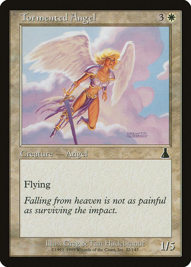 The "Tormented Angel" card from Urza's Destiny in Magic: The Gathering depicts a winged female angel with a sword against a vibrant sky. It bears the quote, "Falling from heaven is not as painful as surviving the impact," and features stats of 1/5.