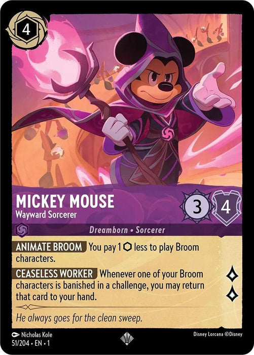 A Disney Mickey Mouse - Wayward Sorcerer (51/204) [The First Chapter] trading card features Mickey Mouse dressed as a sorcerer. The card showcases abilities like "Animate Broom" and "Ceaseless Worker." Mickey holds a wand with brooms in the background and includes various stats and game details.