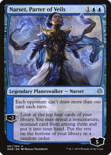 Magic: The Gathering card depicting "Narset, Parter of Veils [War of the Spark]," a Legendary Planeswalker from the War of the Spark set. Artwork shows her in a dynamic pose with blue accents. The text box includes abilities that limit opponents to drawing one card and allows drawing noncreature, nonland cards. Cost: 1 colorless, 2 blue mana. Loyalty: 5.
