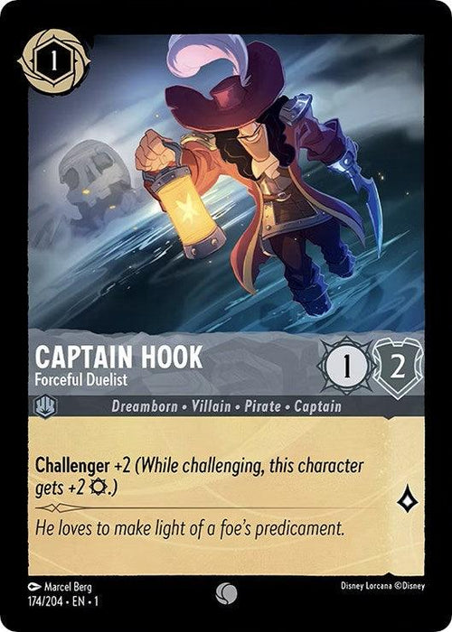 A trading card features Captain Hook, a villainous pirate, holding a lantern and sword. The card details include the name "Captain Hook - Forceful Duelist (174/204) [The First Chapter]," his attributes (1 attack, 2 defense), and Challenger +2 abilities. Part of Disney's The First Chapter, it showcases dynamic artwork against a dark background. Release Date: 2023-08-18.