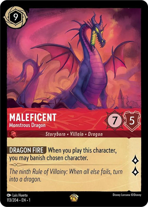 A trading card from The First Chapter features a legendary dragon named Maleficent - Monstrous Dragon (113/204) [The First Chapter] with a purple body, red wings, and yellow accents. The card has a border, a number 9 in the top-left corner, and text below the image. Maleficent's stats are 7 attack and 5 defense. It describes abilities "Dragon Fire" and rules about turning into a monstrous dragon.