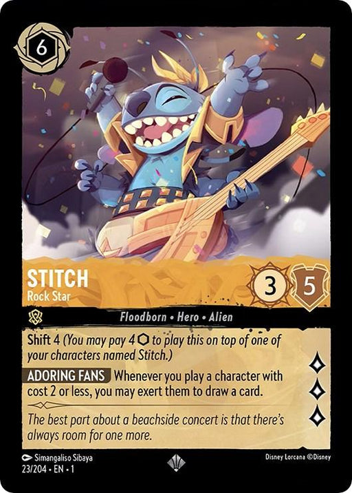A super rare trading card featuring Stitch - Rock Star (23/204) [The First Chapter] from Disney, playing an electric guitar with one arm raised in excitement. The card has a cost of 6, power of 3, and defense of 5. It details Stitch's abilities: Shift 4 cost and Adoring Fans, allowing you to draw a card when a character with cost 2 or less is played.